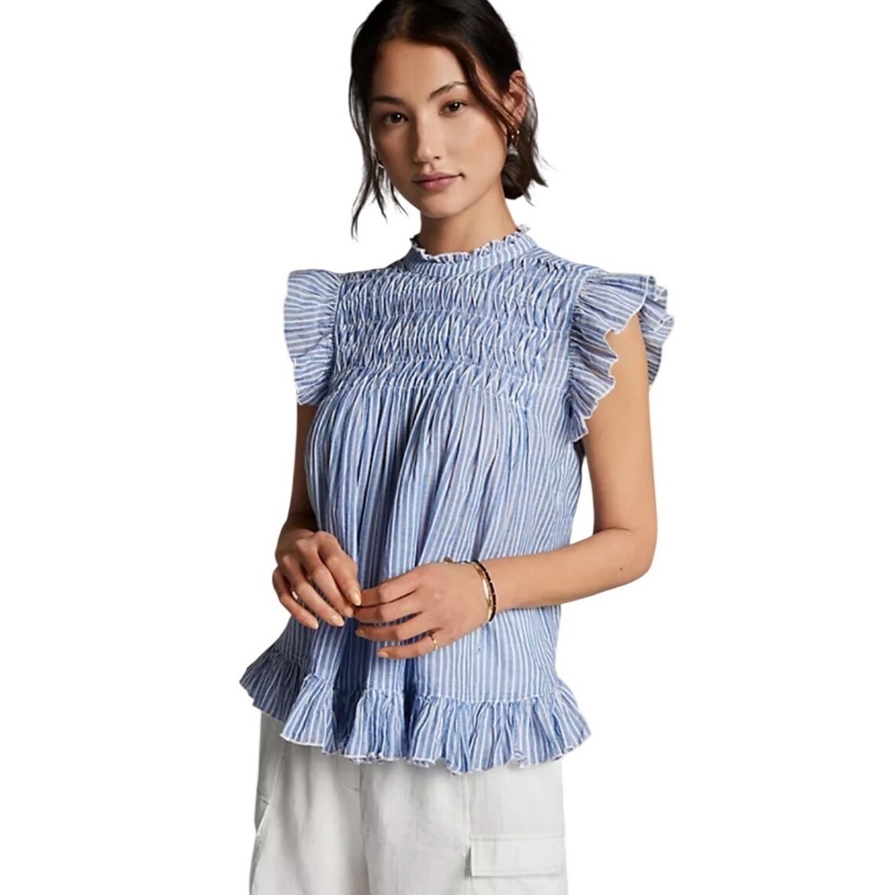Anthropologie Uli Ruffled Blouse Size S Blue Excellent Striped Smocked
